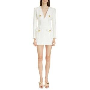 $3150 Balmain Womens Long Sleeve 4-Button Tweed Mini Dress White Size 42 / US 10